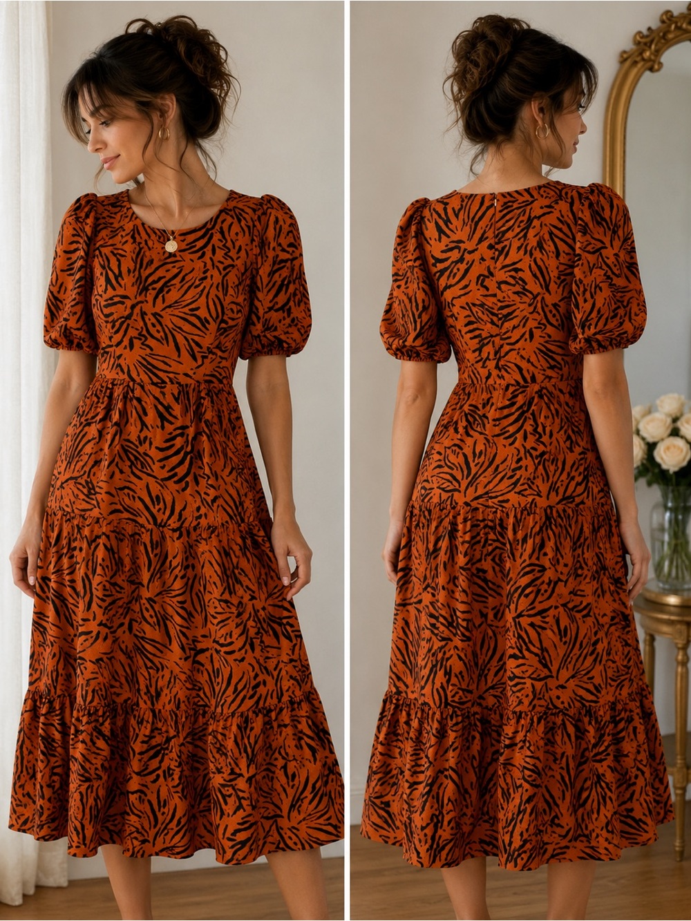 Eliza J Zebra Print Midi Dress Orange Black Puff Sleeve Tiered Size‎ 4 Abstract